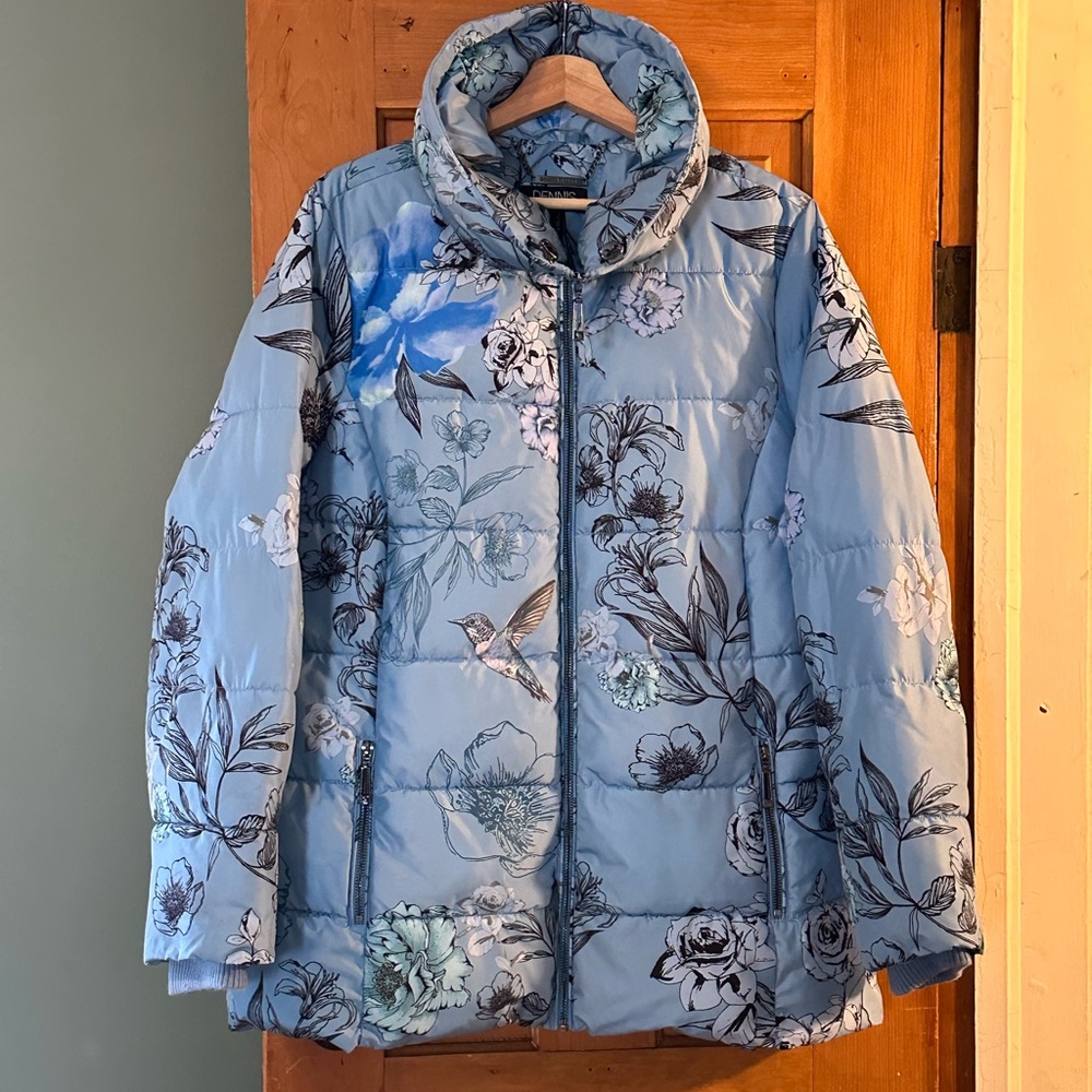 Dennis Basso Blue Floral Puffer Coat Women’s Size L